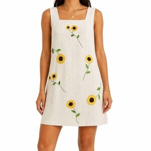 Citi Dress Linen Blend Dress Women Size 8 Floral Embroidered Festival Party Boho